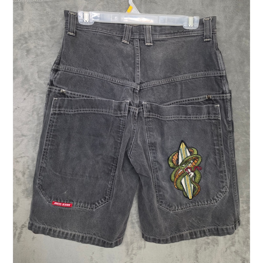 JNCO Jeans Mens Vintage Wide Leg Denim Shorts Black Snake Surfboard Embroidered